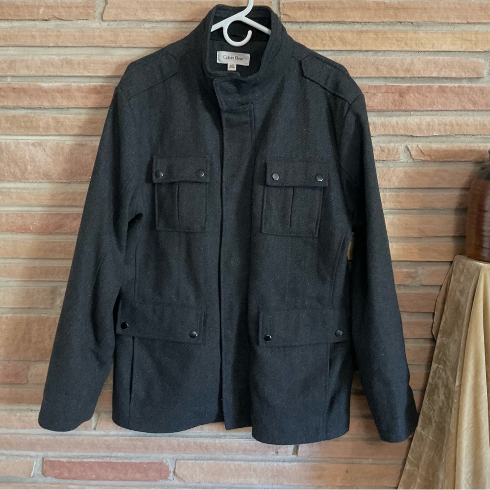 Men’s Calvin Klein Wool Blend Car Coat Peacoat Dark Gray Large